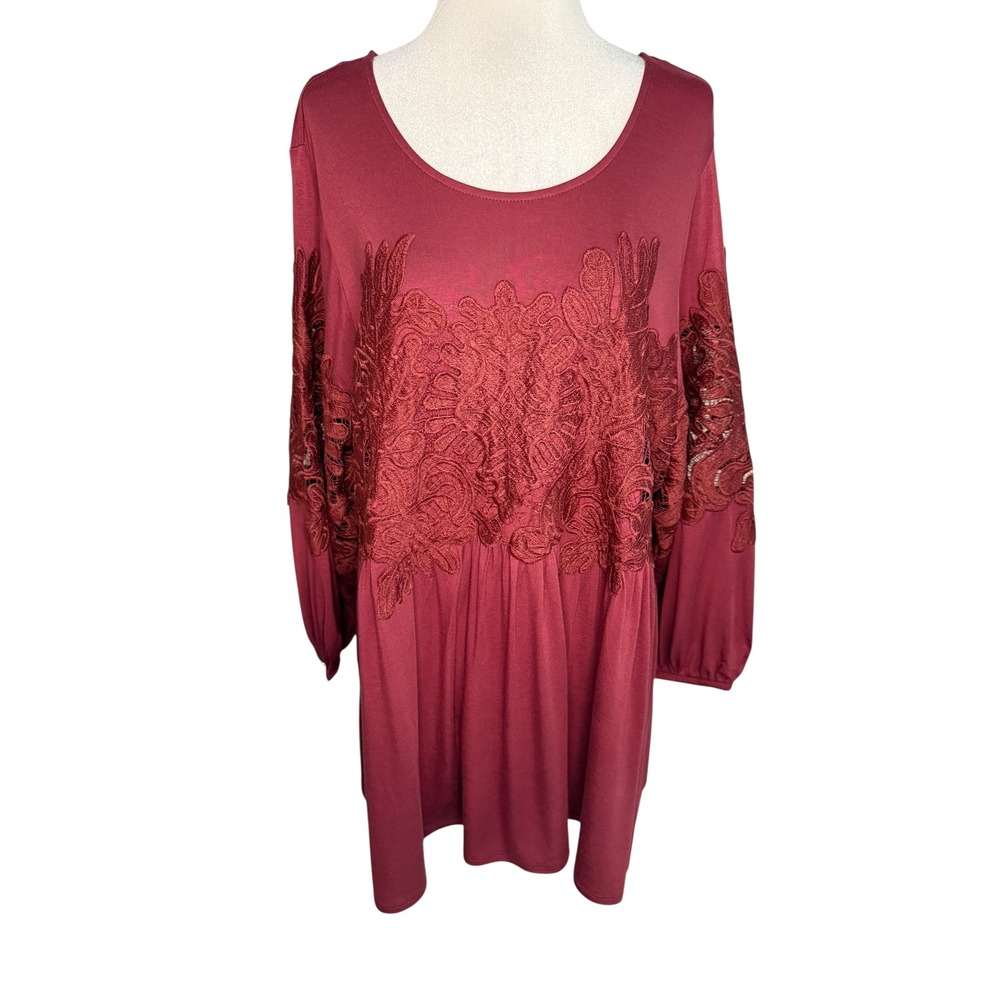 Chelsea‎ & Theodore Burgundy Lace Detail Long Sleeve Babydoll Tunic Top 1X
